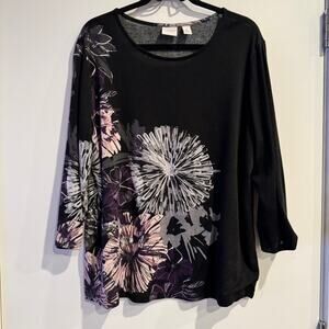 Weekends by Chico's Top Black Crew Neck Floral 3/4 Sleeve Women's Sz 3/L